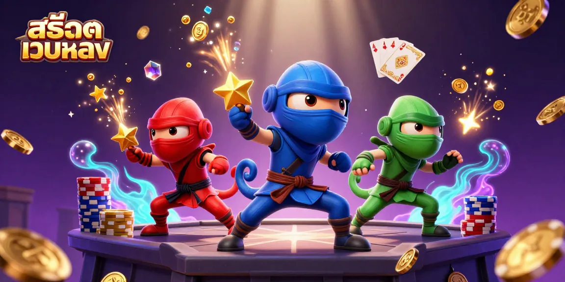 Engage with สล็อตเว็บตรง through vibrant 3D illustration of chameleon ninjas and spinning slot reels.