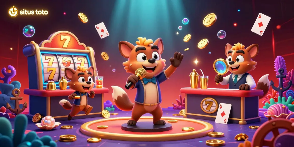 Situs toto hyena-themed casino illustration showing a stand-up comedian, bartender, and bouncer amidst dynamic slot game action.