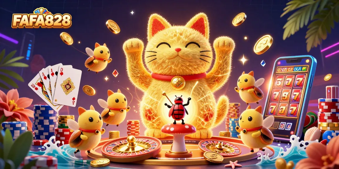 Experience FAFA828 with a vibrant 3D illustration of a lucky cat formed by golden fireflies and casino symbols.