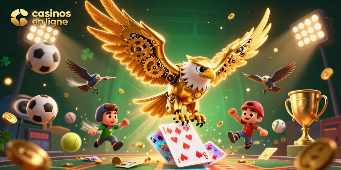 Pariez dans des casinos en ligne avec cette illustration dynamique d'aigles et de cartes holographiques.