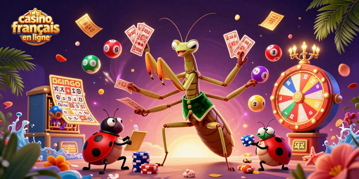 Jouez au casino français en ligne avec une illustration dynamique de jeux de cartes et de loterie.