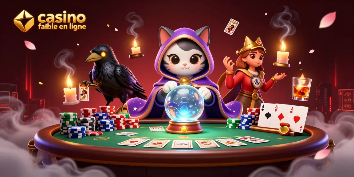 Illustration dynamique d'un casino fiable en ligne avec un chat mystique et un corbeau, entourés de jetons de poker et de cartes.