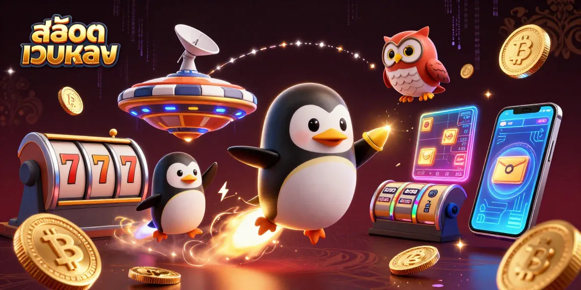 Experience thrilling action with สล็อตเว็บตรง as a vibrant golden penguin navigates a cosmic casino.