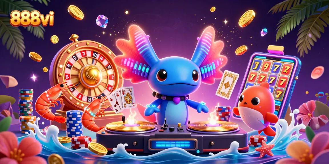 Experience thrilling moments at 888vi with vibrant casino adventures of an axolotl DJ and lively sea creatures.