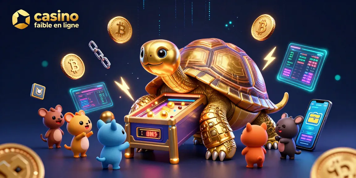 Jouez au meilleur casino fiable en ligne avec une illustration 3D de tortue dorée et des éléments de jeu dynamiques.