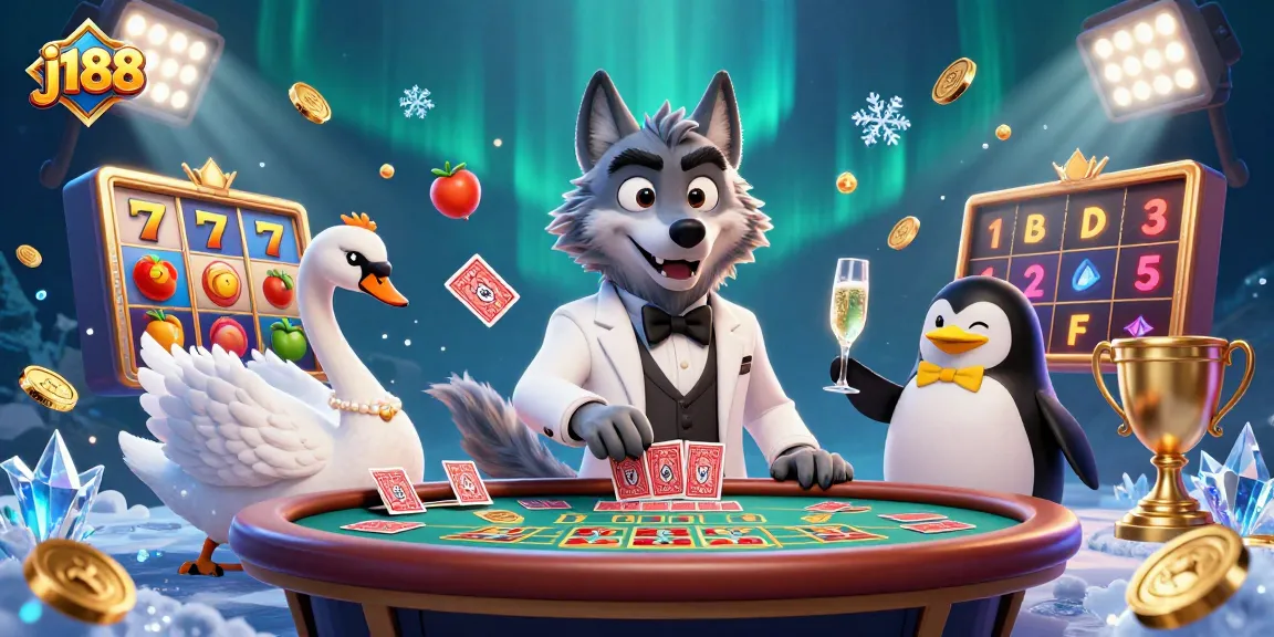 Experience the thrill of j188 with a debonair wolf at a baccarat table and dynamic casino elements.