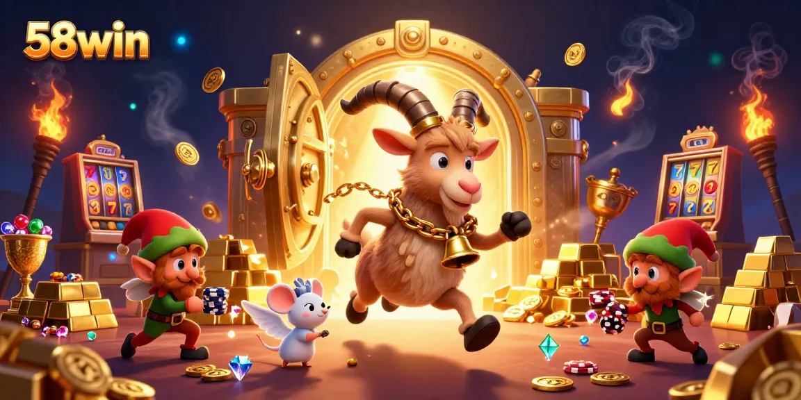 58win presents a festive horror casino scene with the mischievous Krampus goat and gremlins stealing chips.