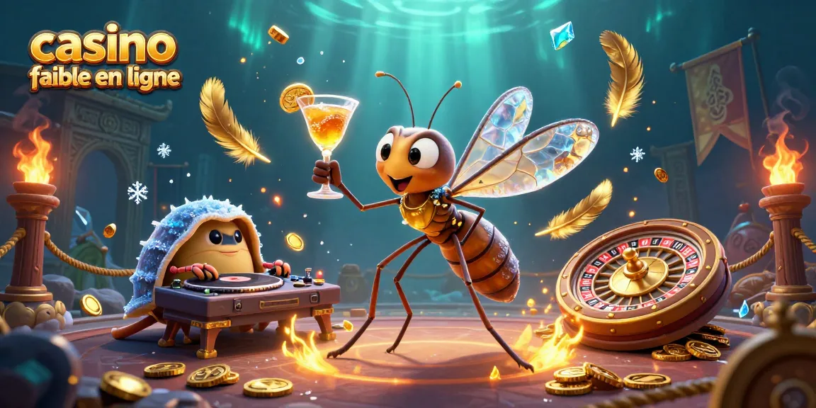 Illustration d'un casino fiable en ligne avec un moustique et un trilobite DJ dans une scène dynamique et animée.
