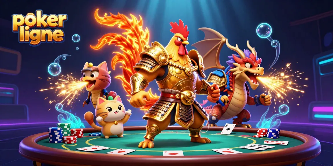 Jouez au poker ligne avec une illustration dynamique montrant des personnages colorés et des éléments de jeu.