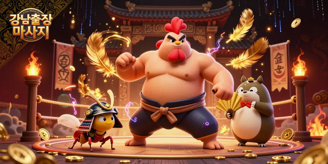 Experience 강남출장마사지 with a vibrant 3D scene featuring a sumo wrestler, a cricket, and a tanuki amidst a stylish gambling arena.