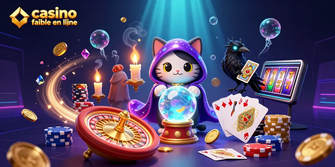 Illustration d'un casino fiable en ligne avec un chat mystique et un corbeau tirant des cartes, entourés de pièces dorées et d'une roulette.