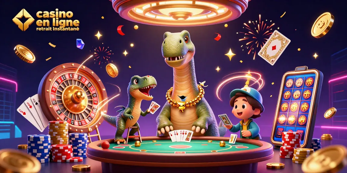 Illustration dynamique de casino avec brontosaurus et raptor, mise en avant du casino en ligne retrait instantané.