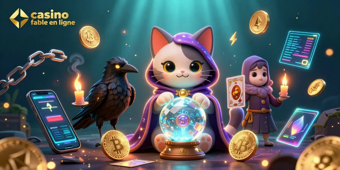 Découvrez un casino fiable en ligne avec cette illustration d'une mystérieuse chatte voyante et des éléments de casino captivants.