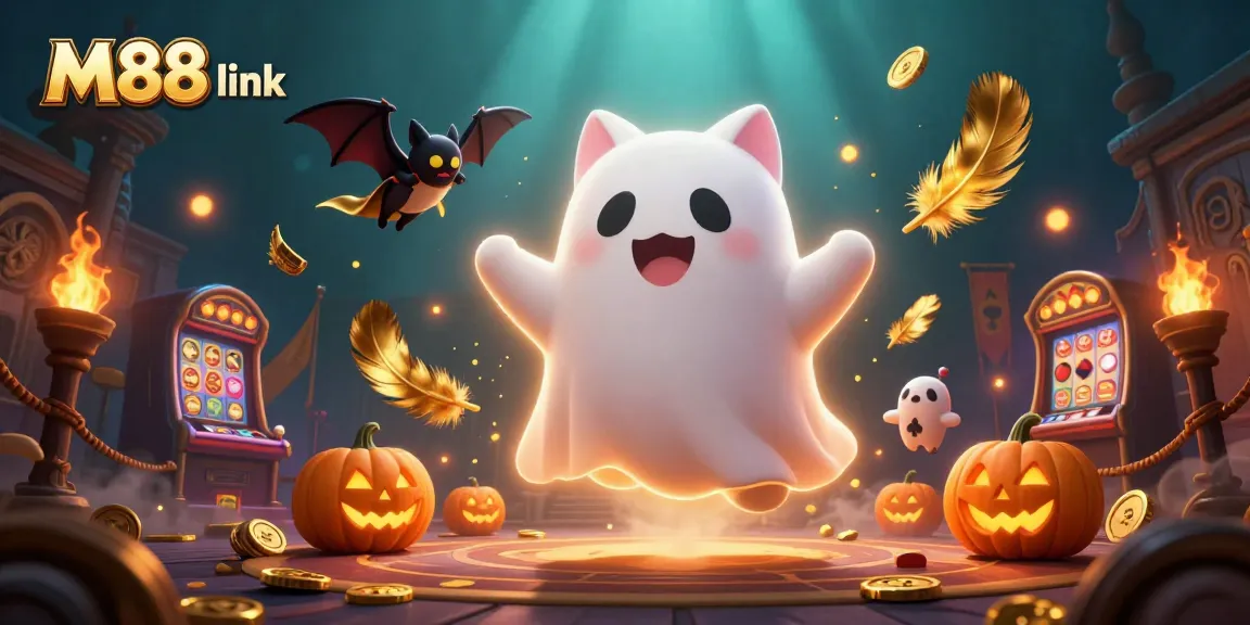 Engage with the M88 link in this vibrant haunted casino illustration featuring ghostly players and thrilling elements.