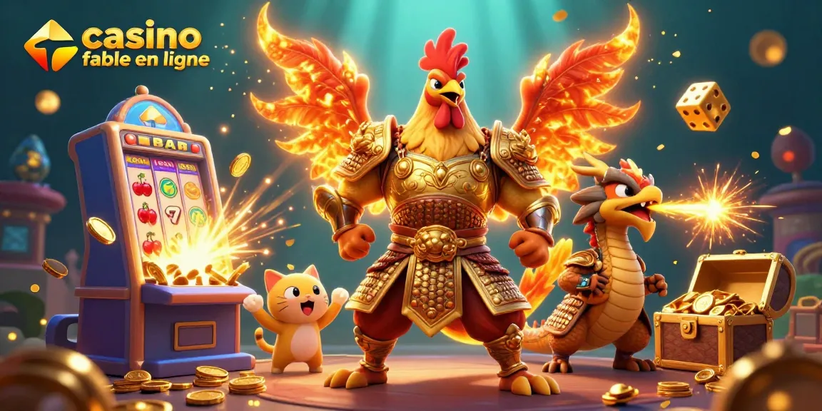Illustration de casino fiable en ligne montrant un poulet guerrier et un dragon au milieu de machines à sous et de jetons.