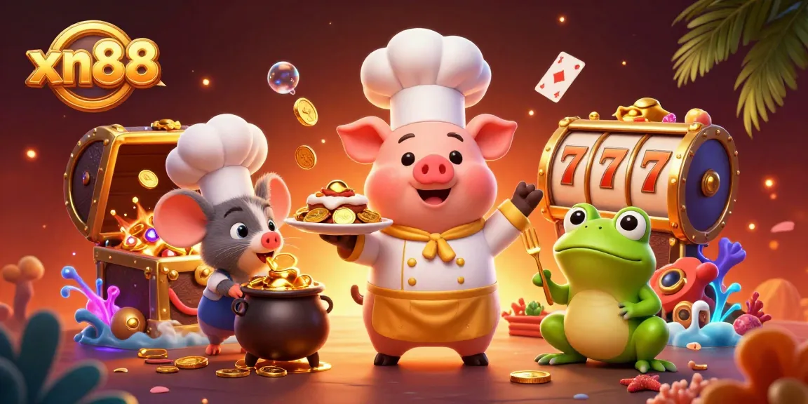 Engage with xn88's vibrant casino world featuring a pig and friends amidst gold treasures.