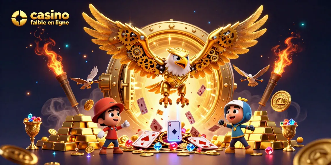 Une illustration 3D captivante représentant un casino fiable en ligne, avec un aigle doré s'immergeant à travers des cartes holographiques.