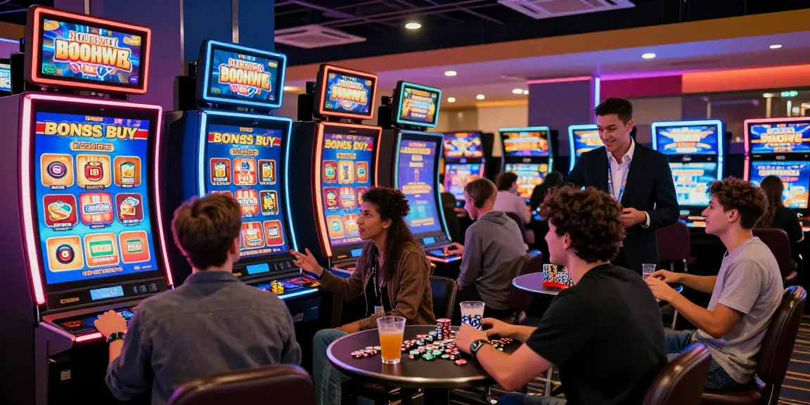 Dynamic online casino scene at https://thekingarthur.co.uk/ featuring players enjoying Bonus Buy Slots with vibrant lights and engaging gameplay.