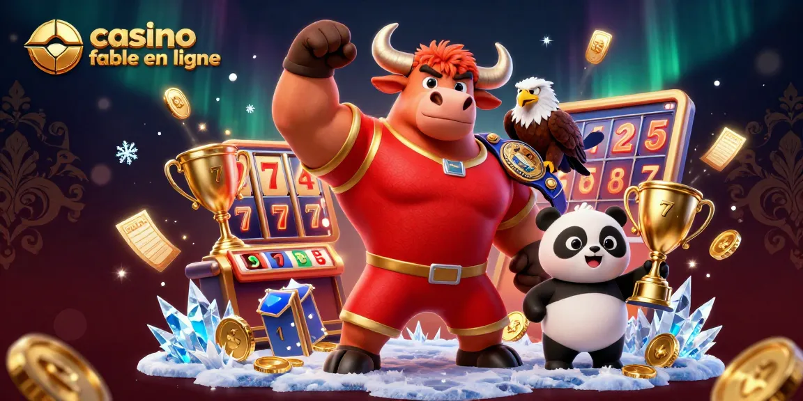 Image captivante d'un casino fiable en ligne avec un taureau mascotte triomphant, un aigle et un panda, entourés de trophées et de jetons.