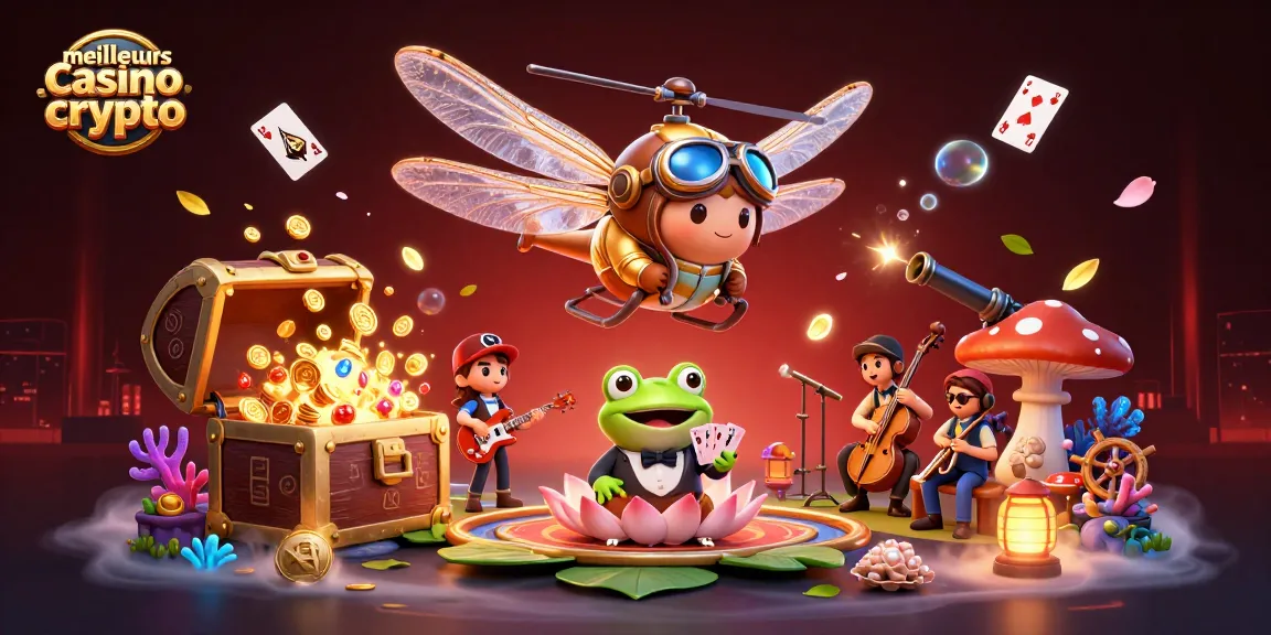 Découvrez les meilleurs casinos crypto avec un dragonfly pilote et un croupier grenouille au casino sur lily pad.