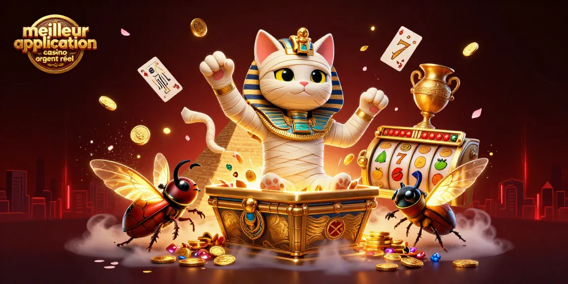 Découvrez la meilleure application casino argent réel avec une illustration dynamique de chat momie égyptien.