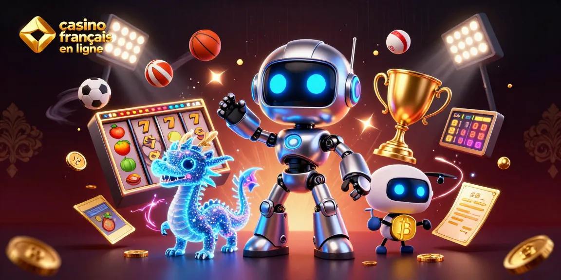 Jouez dans un casino français en ligne avec un robot cyberpunk, un dragon holographique et un drone, entouré de symboles de jackpot.