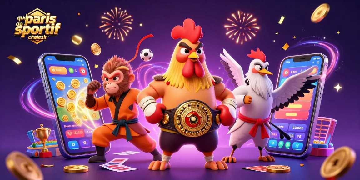 Plongez dans un univers palpitant avec quel site de paris sportif choisir, illustré par un coq de Muay Thai et un singe Shaolin.