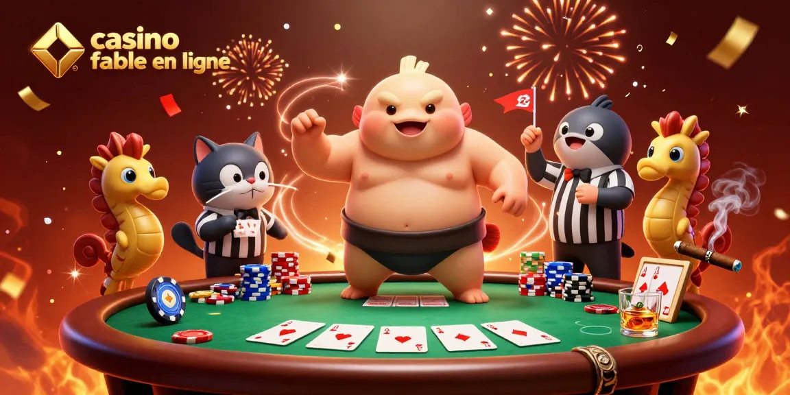 Scène dynamique représentant un fugu en sumo et un catfish arbitre, casino fiable en ligne visible.