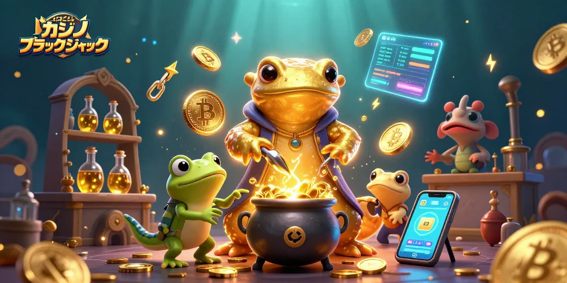 オンライン カジノ ブラックジャックの魅力的な3Dイラストで、大きな金色のサラマンダーが金貨を生成するシーン。